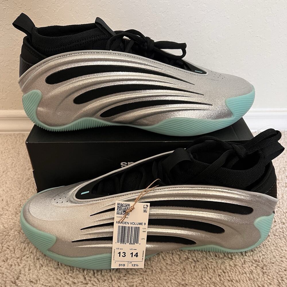 Adidas Harden Volume 9 Uno Metallic Silver Black Aqua JS1028 Men’s Size 13 NWT